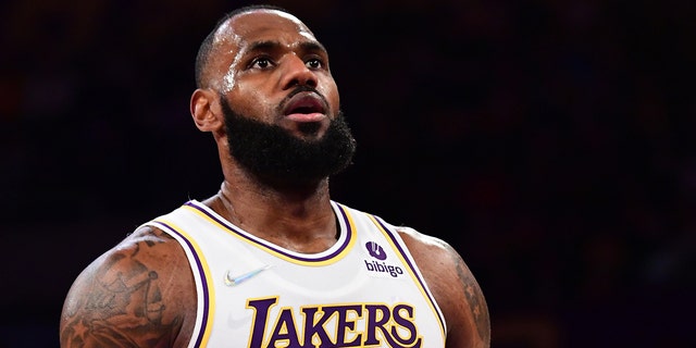 LeBron James #6 of the Los Angeles Lakers shoots a free throw during the game against the Detroit Pistons on Nov. 28, 2021 at STAPLES Center in Los Angeles, California.