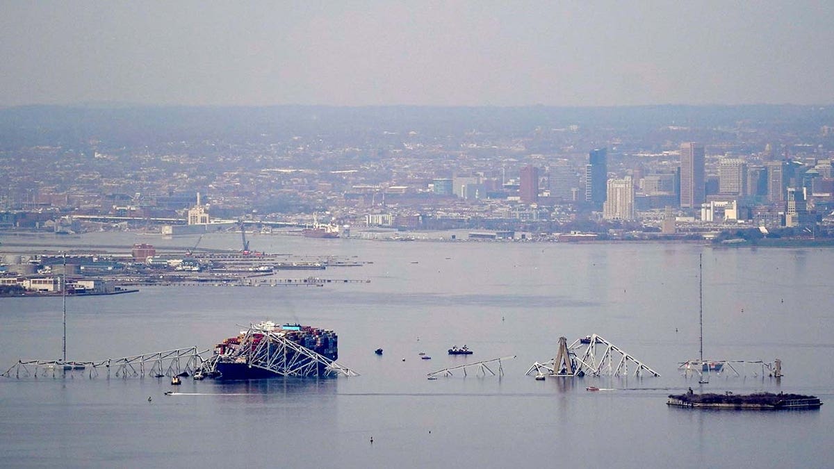 A wide view of the collapsed Key Bridge in Baltimore