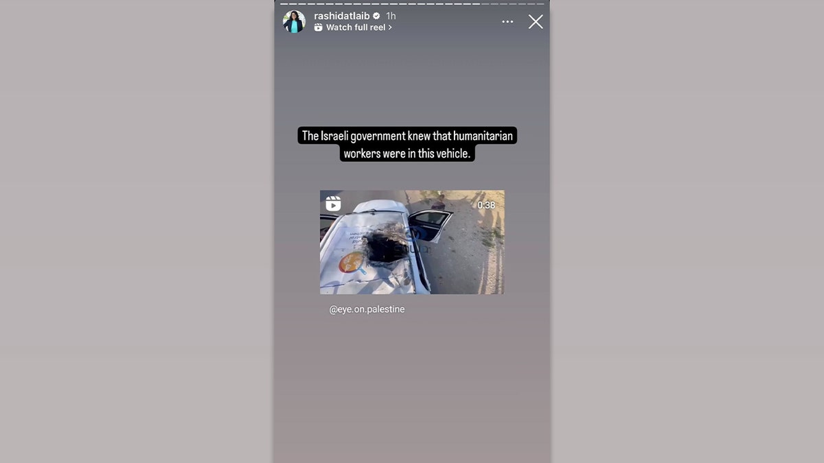 A screengrab of Rep. Rashida Tlaib's Instagram story showing what appears to be a World Central Kitchen car destroyed by an airstrike
